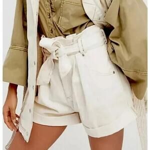 Free People Nova Denim Paperbag Shorts High Rise Belted Boho Plume Cream